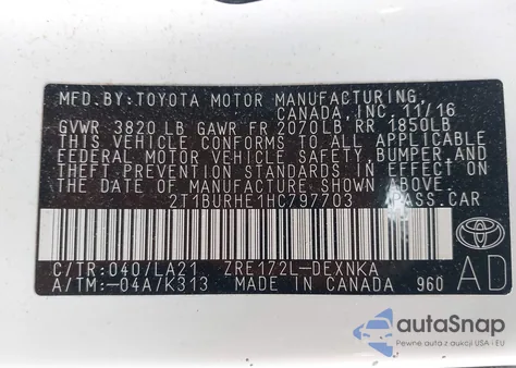 2017 Toyota Corolla L/Le/Xle/Se/Xse из США, поврежденный, VIN 2T1BURHE1HC797703